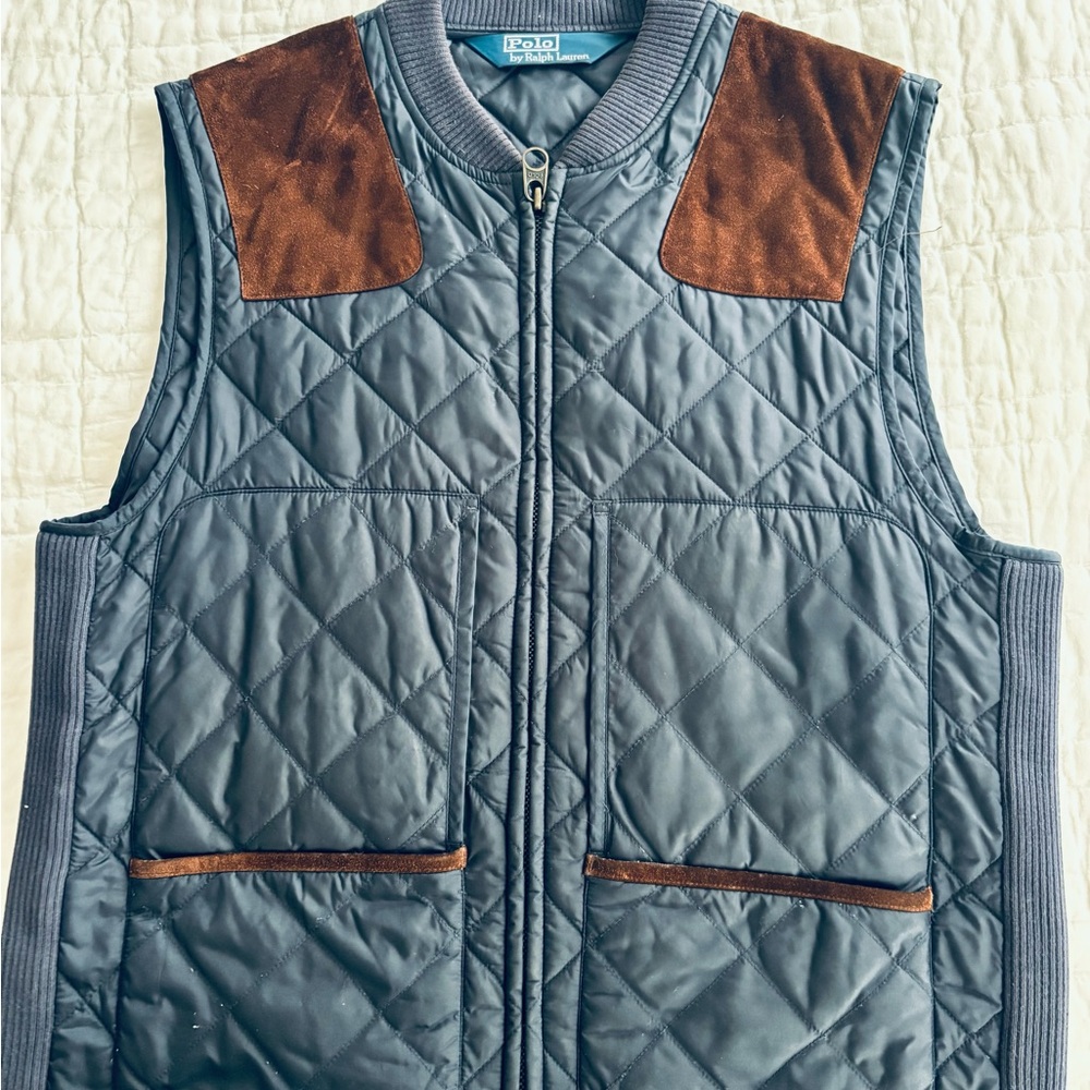 Ralph Lauren Navy blue Quilted Vest with Brown Suede